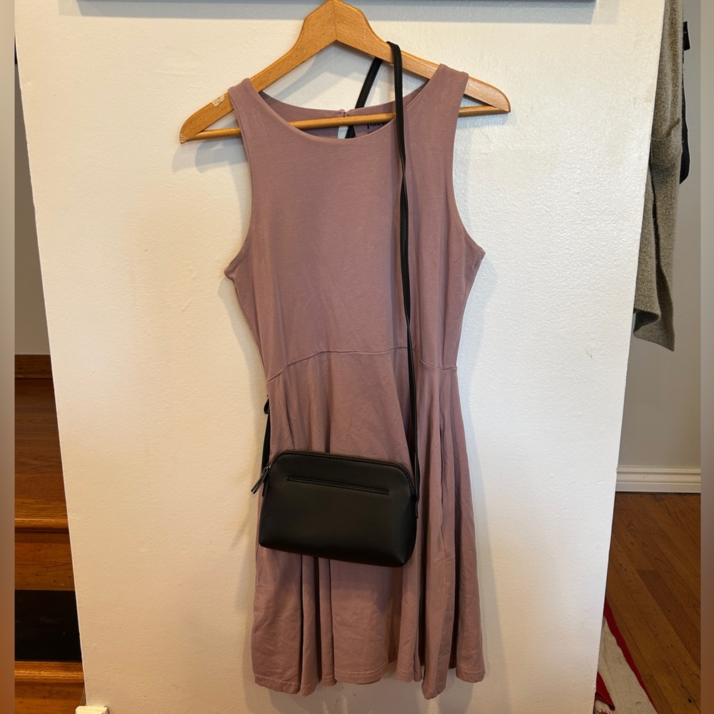 Mauve dress with black purse outfit